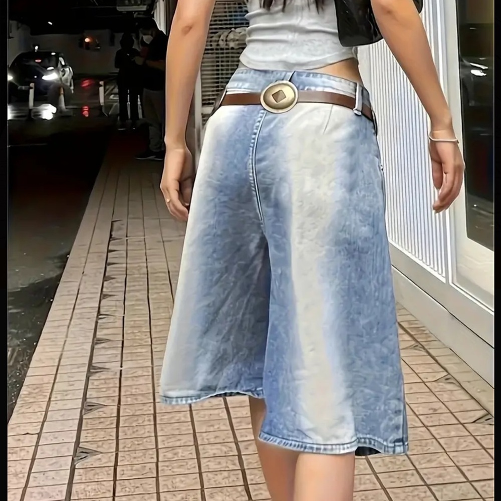 Womens Color Block Denim Jorts - Low Rise Wide Leg, Knee Length Shorts - Picture 4 of 6